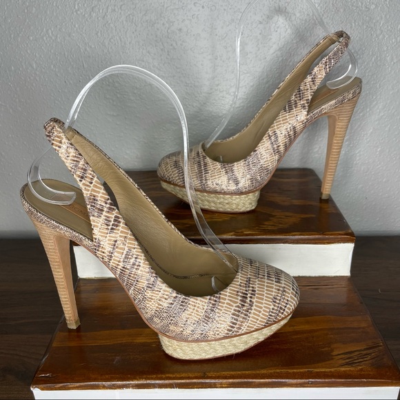 BCBGMaxAzria Snakeskin Print Slingback Heels Tan and Cream Size 7.5